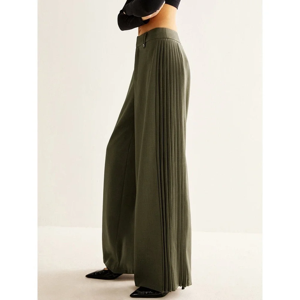 Commense Wide Leg Pleated ArmyGreen Trousers High Waist Palazzo Pants size S - Picture 3 of 15